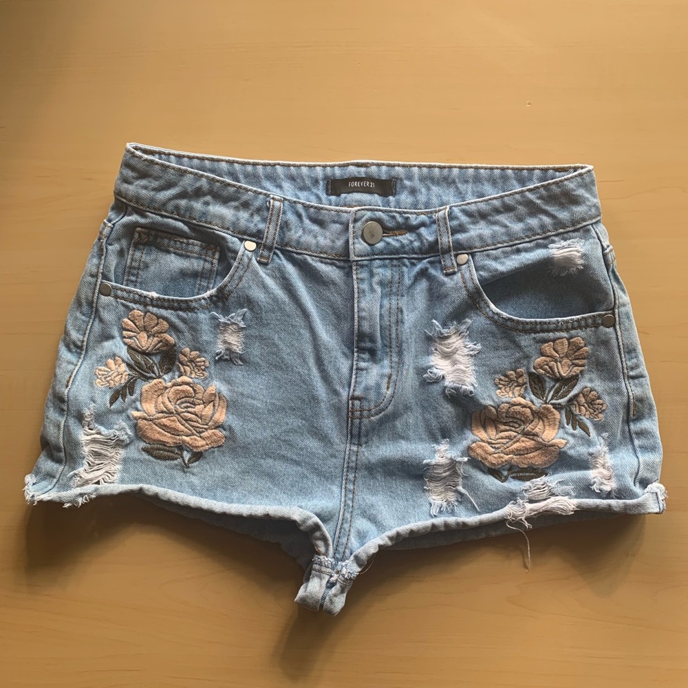 Flower Embroidered Denim Shorts